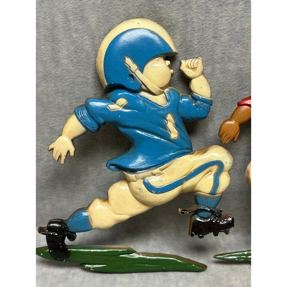 VTG Homco 1975 Football Players Wall Art Blue Red Cast Metal 3 Piece Set 1254
